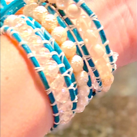 Triple wrap bracelet turquoise leather with pearls - Picture 6 of 7